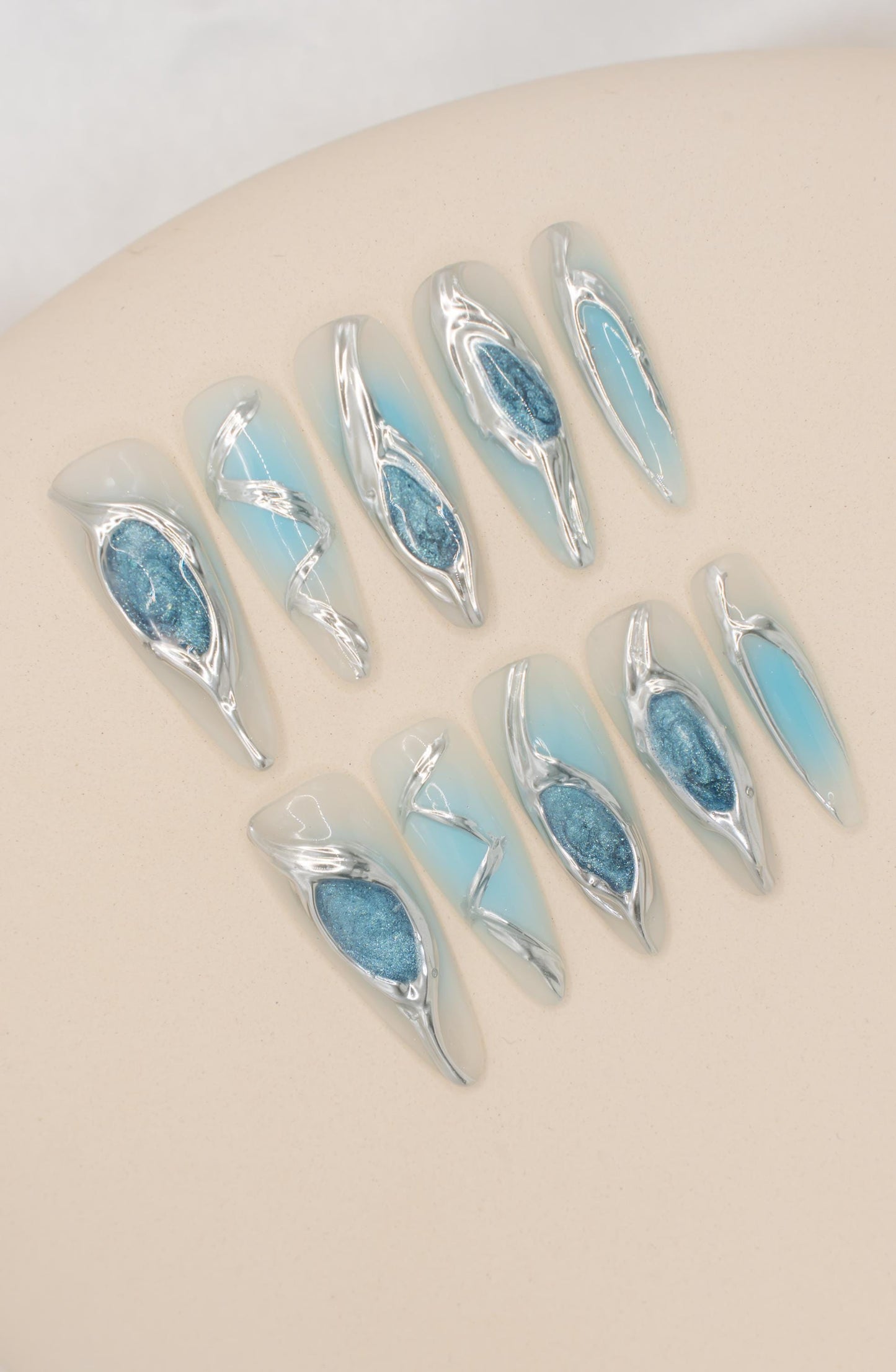 Icy Blue and Silver Press On Nails|3D Chrome Metallic Long Stiletto Nails|Halloween Nails|Holiday Nails|Press on Nails|Press Ons|Nails|Nail