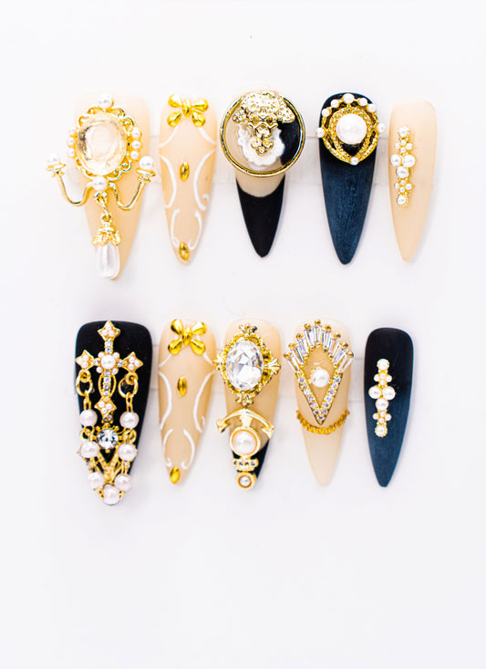 Close up image Baroque Majesty Press-On Nails with Jewel Accents & Gold Detailing