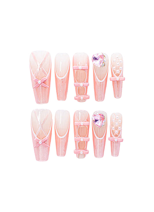 Ballet Slipper Pink Press-On Nails: Bow Accents & Heart Rhinestone