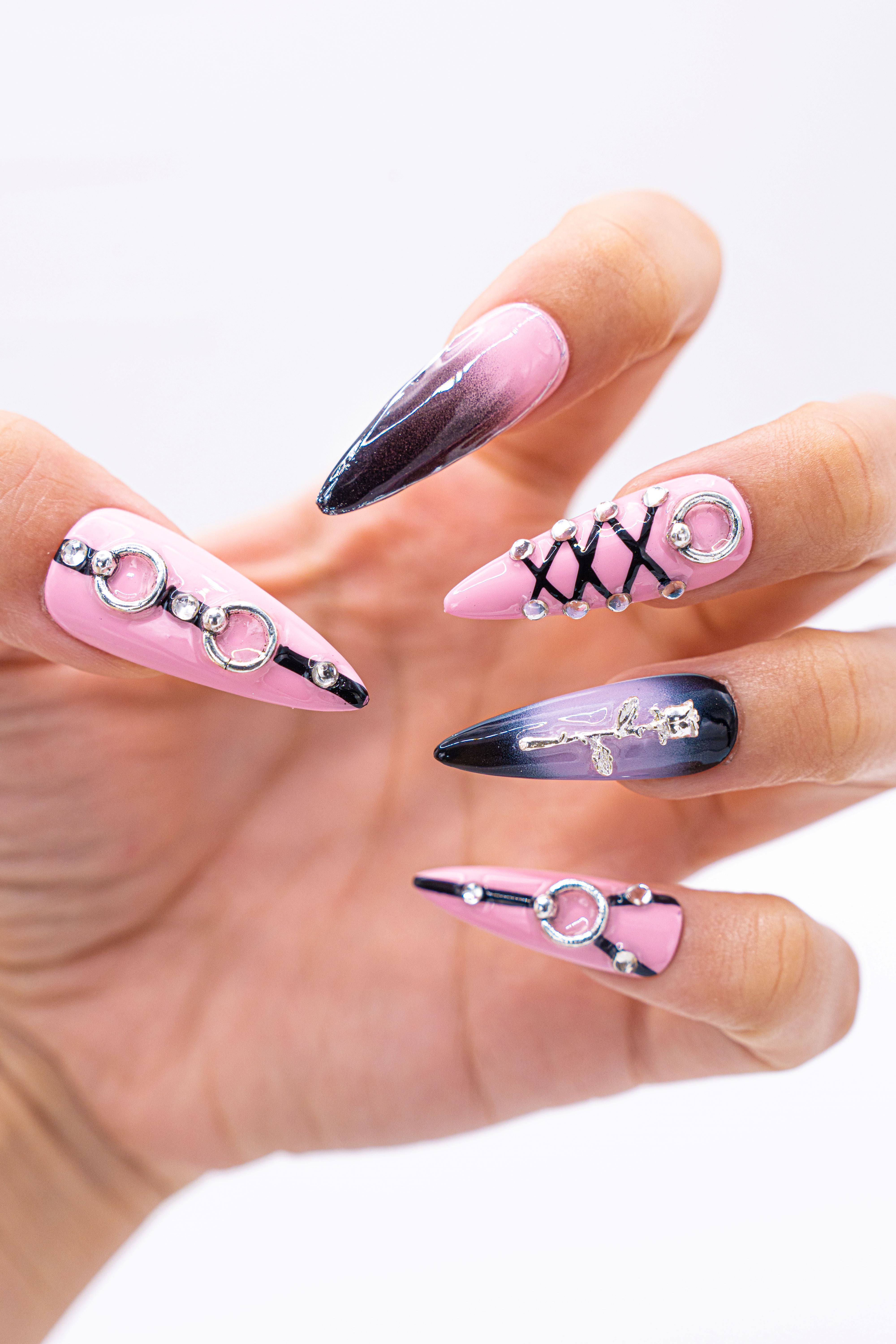 Pink & Black outlets Press on Nails