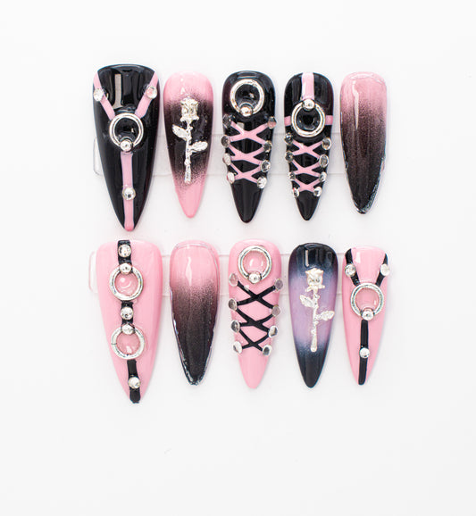 Close up image Gothic Glam Press-On Nail Set | Edgy Punk meets Elegant Gothic Style