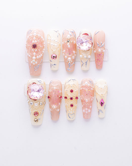 Close up image Luxury Bridal Press-On Nails with Gemstones & Pearlescent Accents