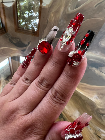 Red and Black Nails|Flower Nails|Crystal Nails|Long Coffin Nails